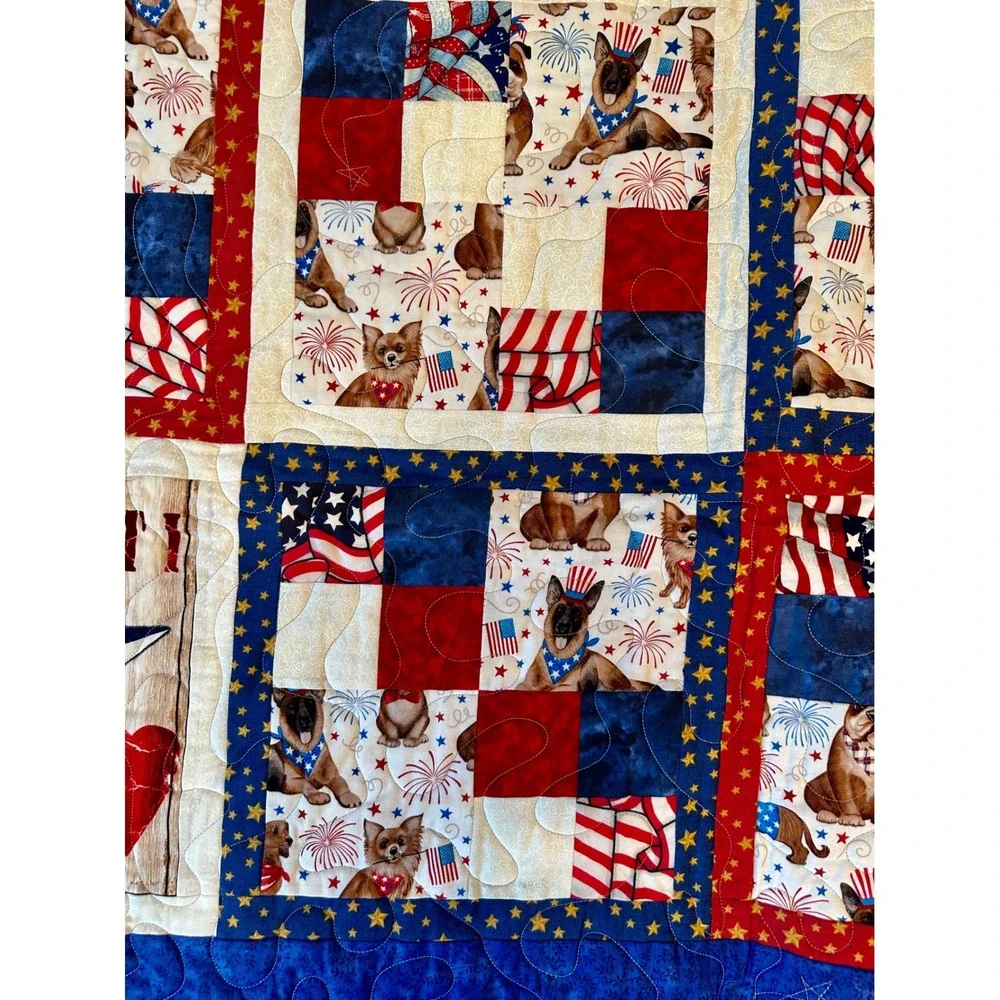 Patriotic American Dog Quilt‎ Red White Blue Stars Stripes 78x66 Throw Blanket